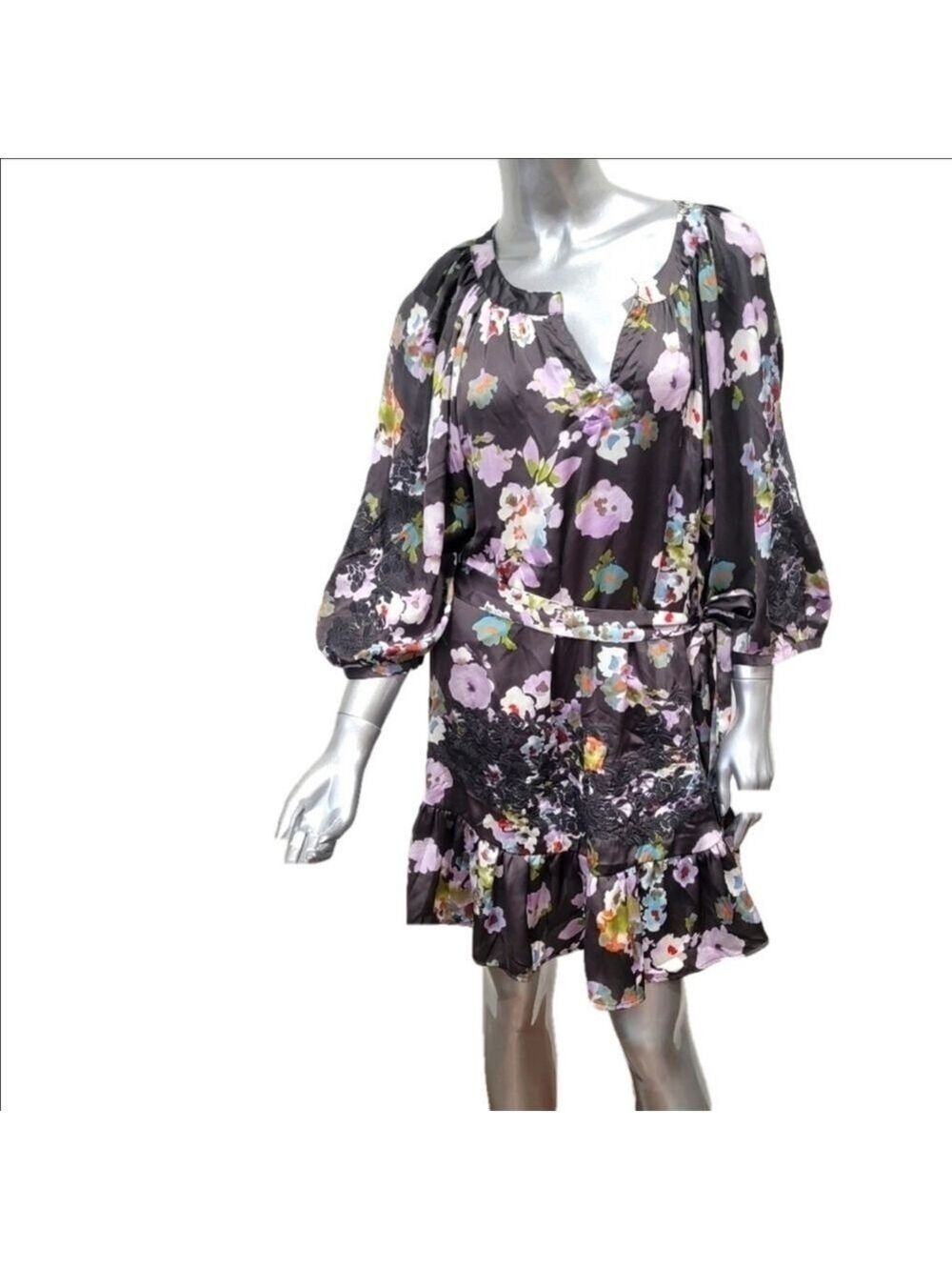 Uncle Frank Black Floral Tunic Dress Sash Small